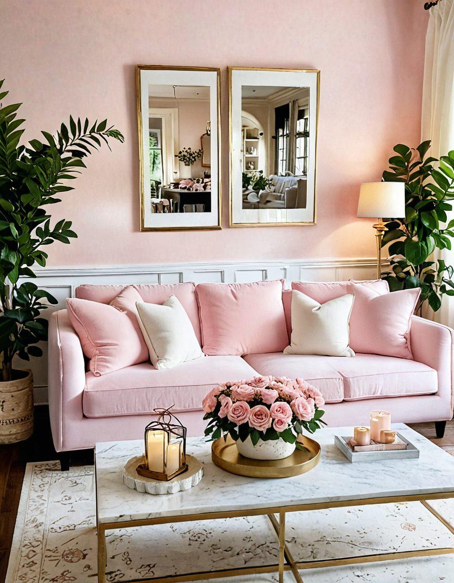A cozy and inviting living room filled with plush, romantic decor elements like soft pillows, elegant candles, and floral arrangements. Incorporate warm lighting that creates a dreamy ambiance, with hints of vintage and modern furniture styled together harmoniously. Show delicate touches like love letters and a bottle of wine on a coffee table, surrounded by lush greenery. The color palette should include soft pinks, whites, and golds to evoke a feeling of romance. super-realistic. warm tones. inviting atmosphere.