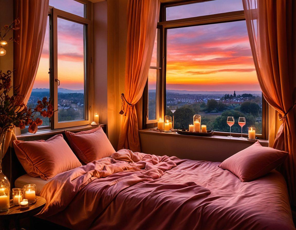 A cozy, dimly lit room featuring a beautifully decorated love nest, with soft lighting from candles and fairy lights, a plush bed adorned with velvet and silk pillows, rich textures and warm tones, a small table with a bottle of wine and two glasses, and a window showcasing a romantic sunset view. super-realistic. warm colors. soft focus.