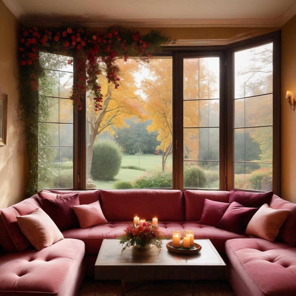 A cozy, intimate living room designed for couples, featuring soft lighting with warm hues, a plush sofa adorned with romantic cushions, candles casting gentle shadows, and an elegantly set table for two with wine glasses. Delicate artwork on the walls and a beautiful view through a large window enhance the atmosphere of love and connection. super-realistic. warm colors. soft focus.